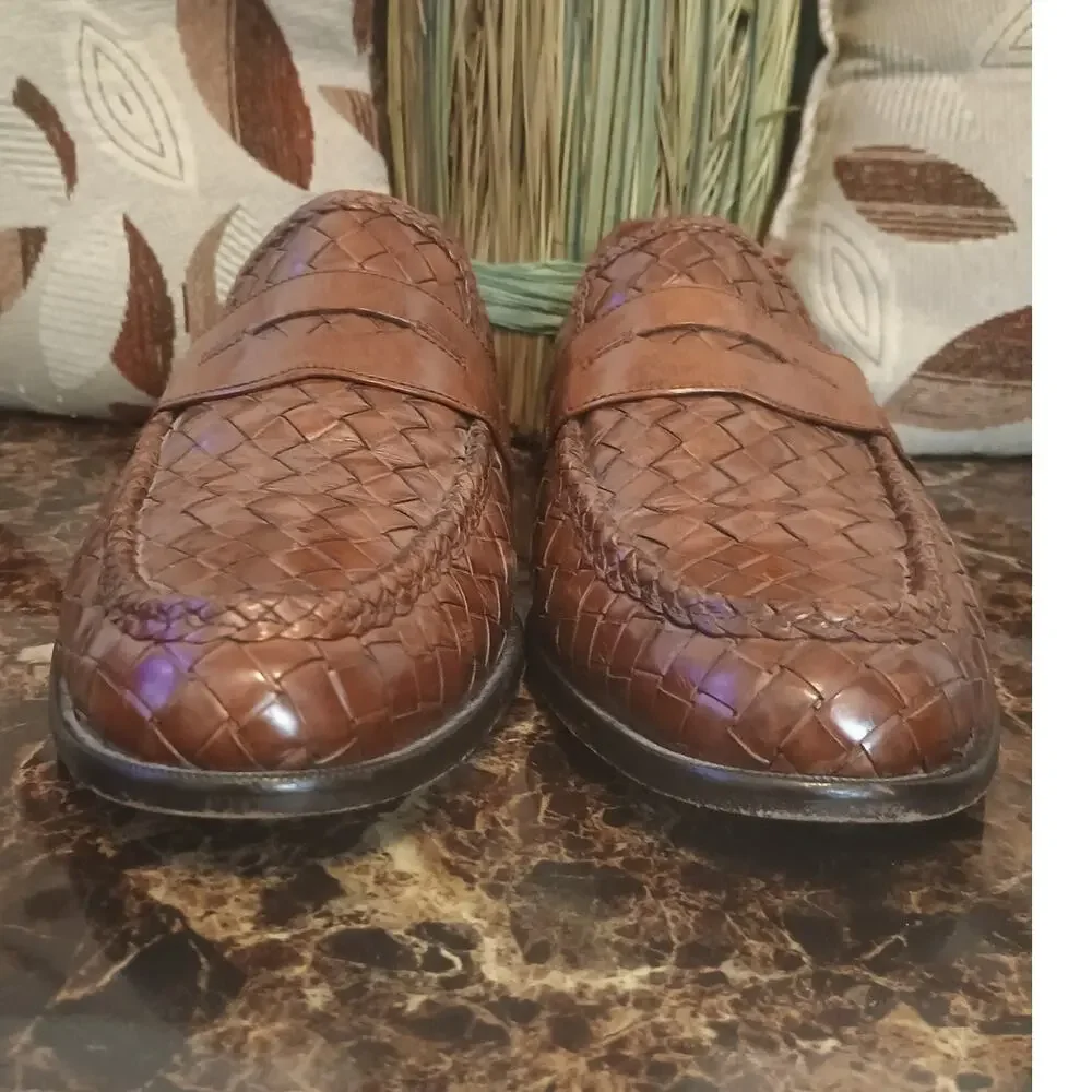 Men's  Johnston & Murphy Woven Leather Cognac Penny Loafers - Size 9.5 M